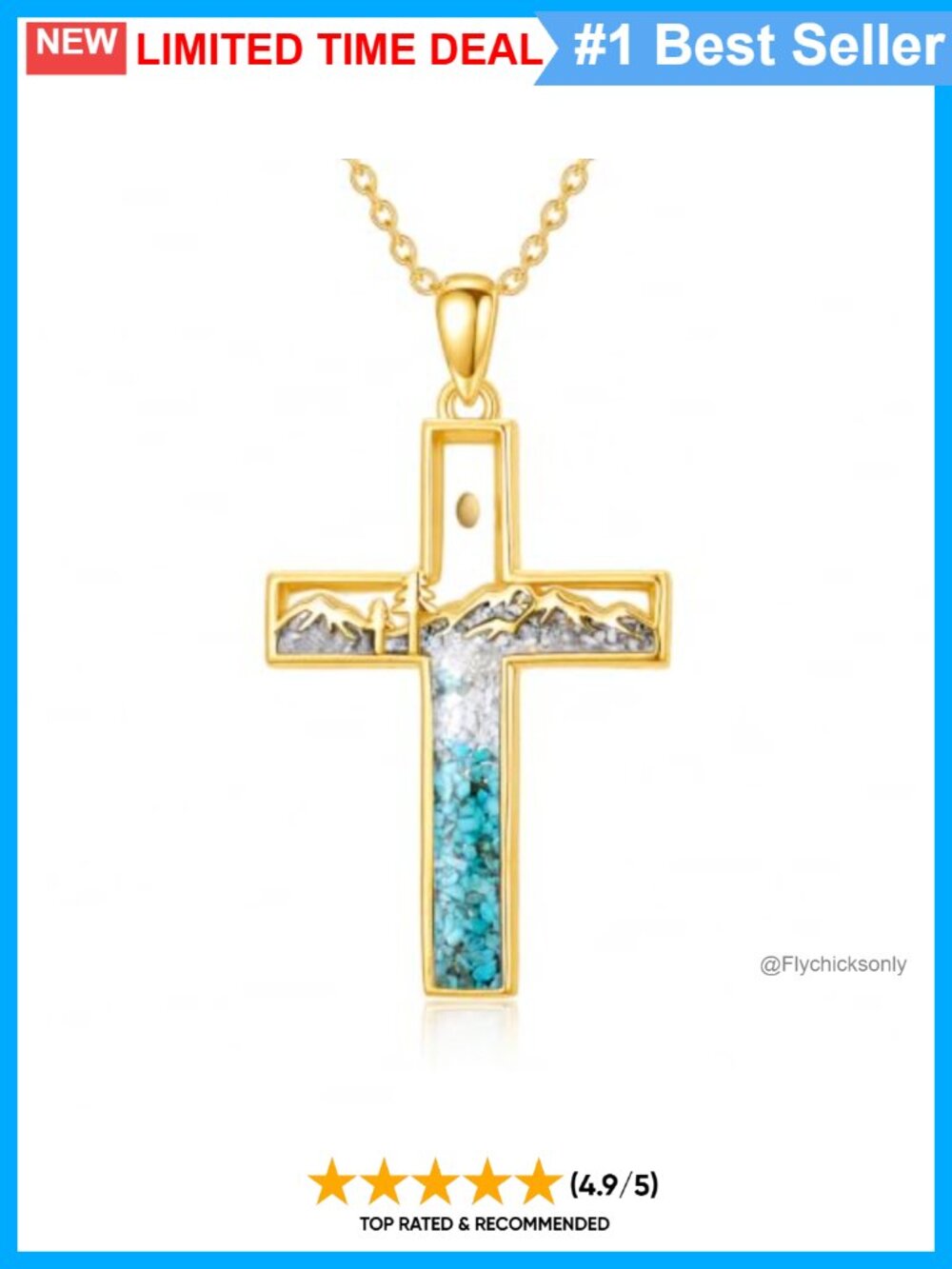 14K Gold Plated Mustard Seed Cross Necklace Turquoise Inlay Faith Jewelry
